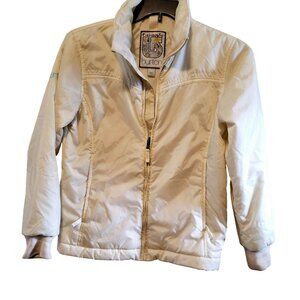 Burton Womens White Insulated Jacket W/ Blue Graphic Zip Closure & High Neck Siz